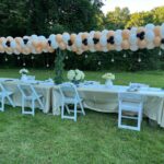Outdoor party table with balloon decorations.