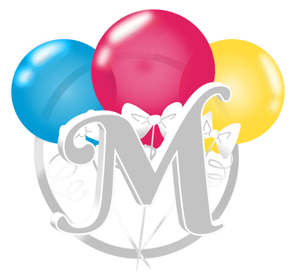 Letter M with colorful balloons and bows.