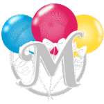 Letter M with colorful balloons and bows.