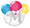 Letter M with colorful balloons and bows.