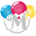 Letter M with colorful balloons and bows.